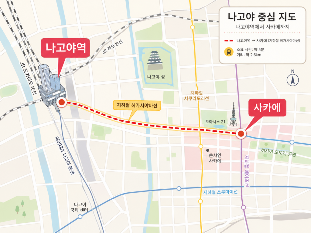 나고야역과 사카에, 숙소 위치비교, 어디가 더 편할까? 숙소 장단점 알아보기. 2 고야역과 사카에 위치를 표시한 간단한 지도