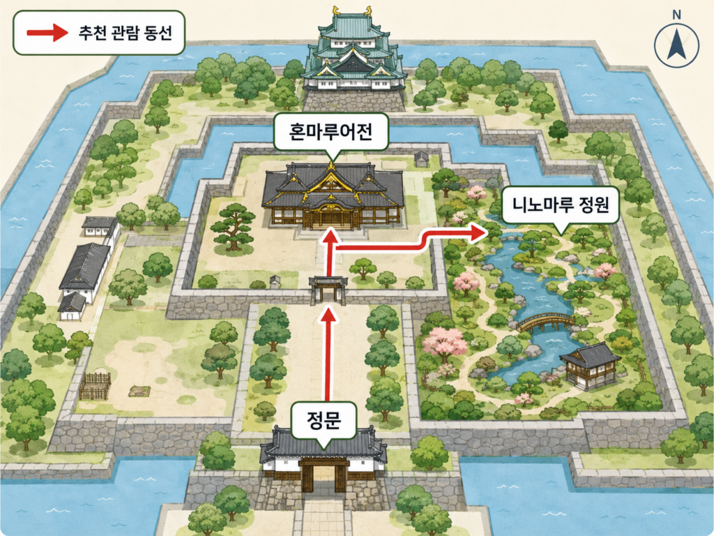 나고야성 입장 방법과 관람할 수 있는 시설을 총정리해서 알아보기 7 정문부터 혼마루어전과 니노마루 정원까지 표시한 관람 동선 지도