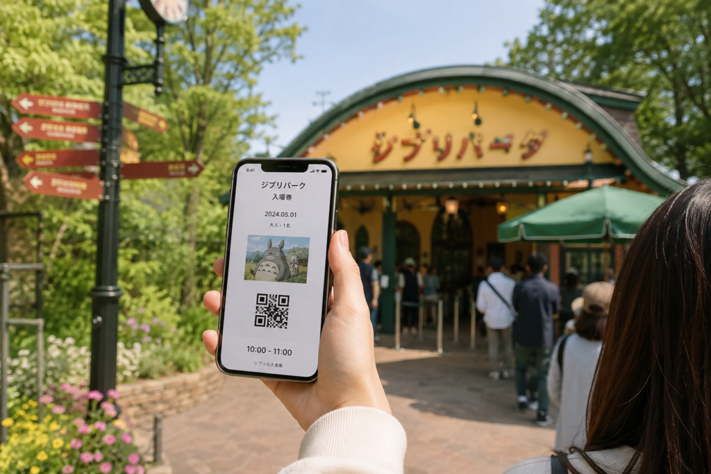 스마트폰으로 지브리파크 QR 티켓을 확인하는 사진
