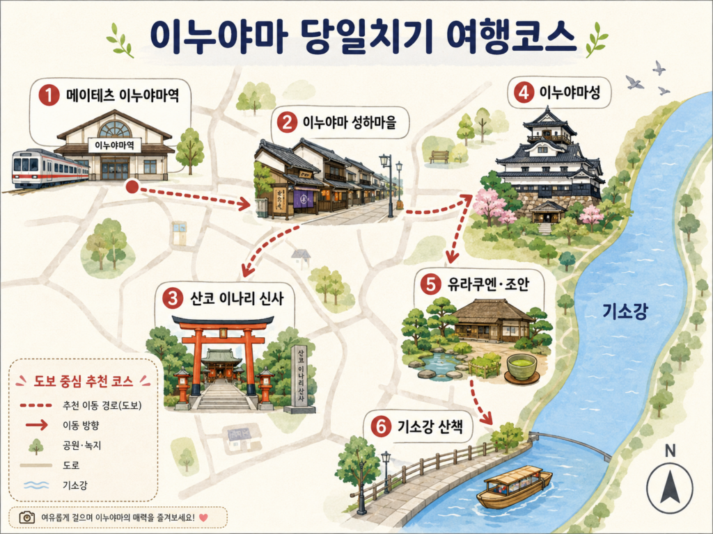 이누야마 여행코스를 표시한 간단한 지도 사진