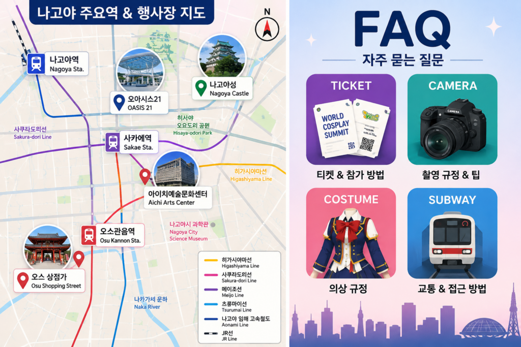 티켓, 카메라, 의상, 지하철 아이콘으로 구성한 FAQ 대표 사진